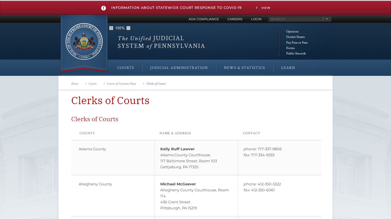 Clerks of Courts | Courts of Common Pleas | Courts | Unified Judicial ...