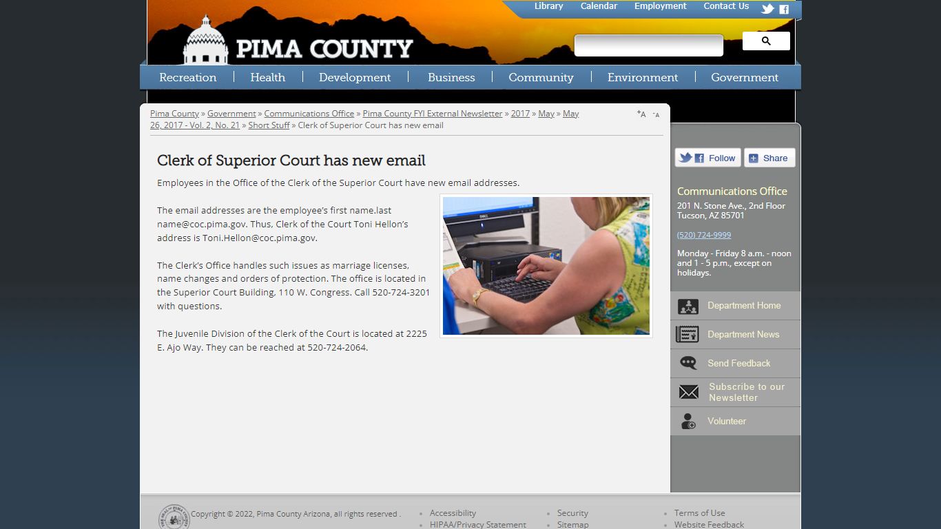 Clerk of Superior Court has new email - Pima County